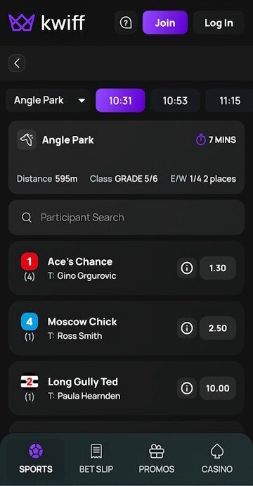 Kwiff greyhound betting odds screen for an upcoming race
