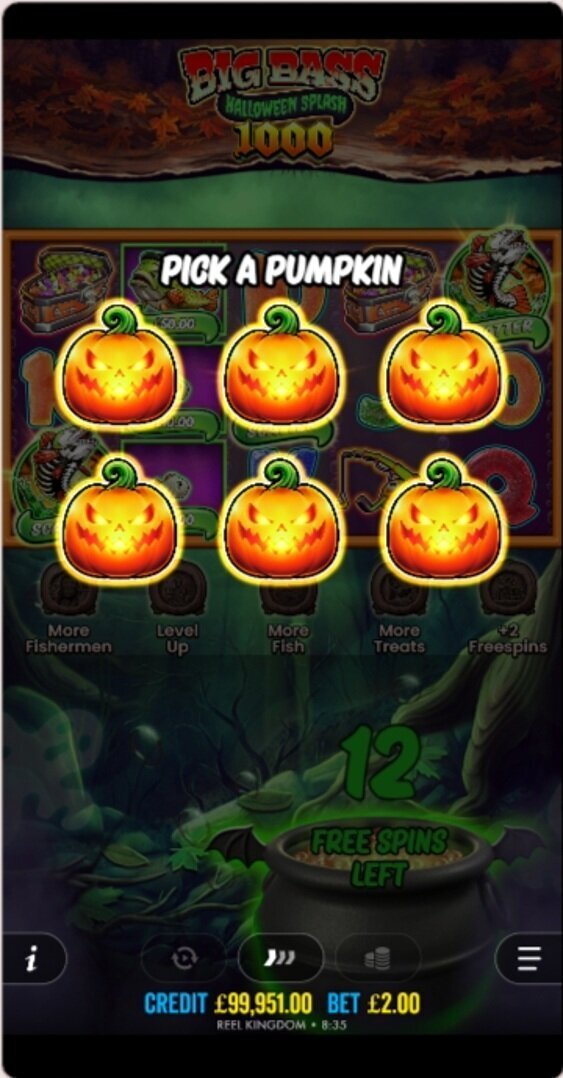 Big Bass Halloween Splash 1000 mobile bonus showing six pumpkins to choose from