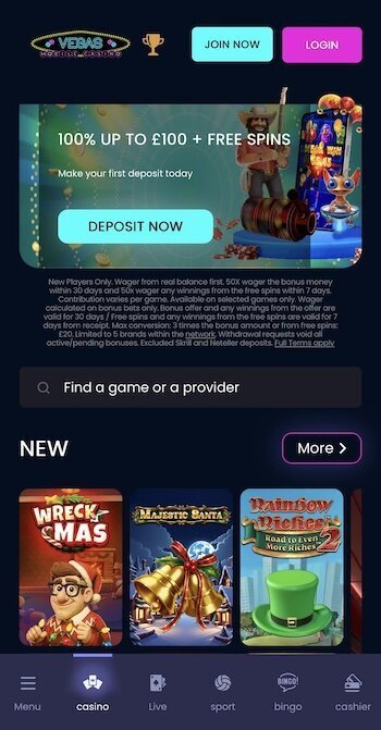 Mobile site for Vegas Mobile Casino