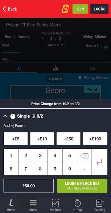 Ladbrokes bet slip with selected table tennis bet.