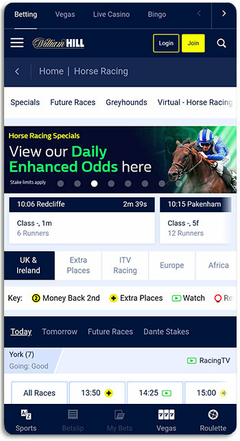 This is what William Hill betting looks like on mobile
