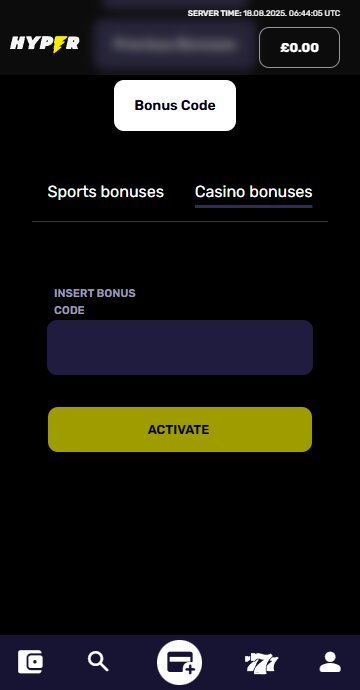 Add the Hyper Casino bonus code here