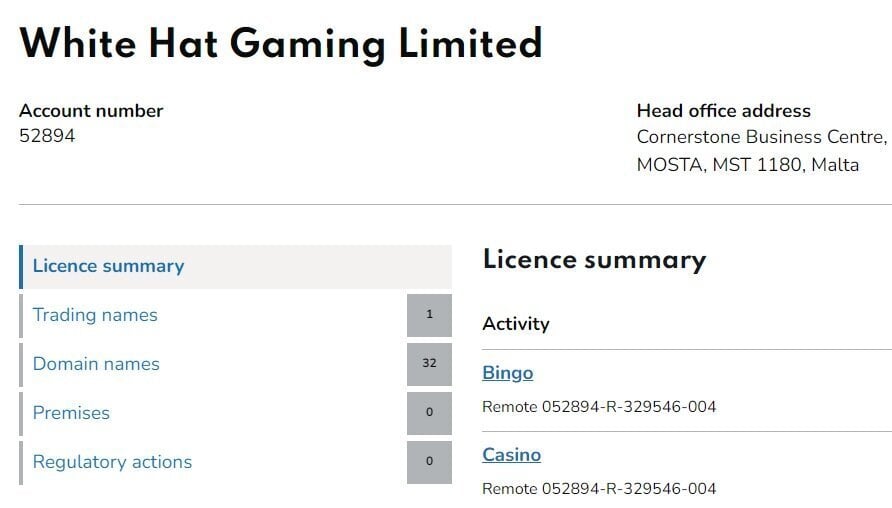 White Hat Gaming licensing details shown on the business register
