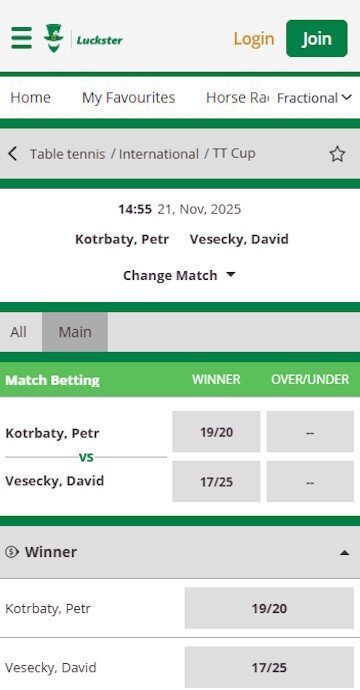 Luckster table tennis match odds display