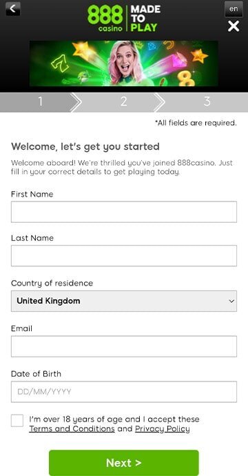 How the 888 Casino registration looks like
