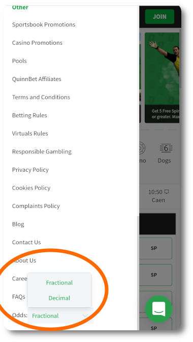 This is how you can change Quinnbet decimal odds.
