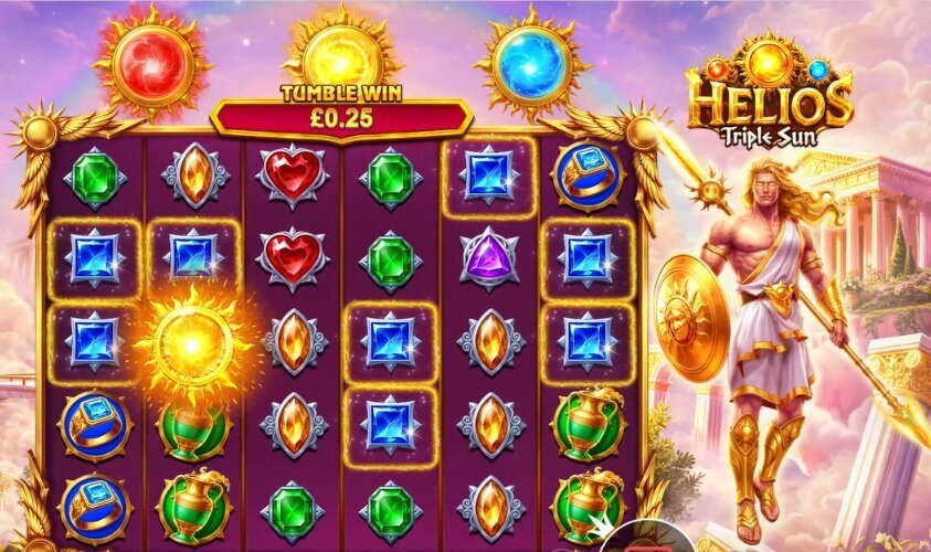Helios – Triple Sun slot showing the three coloured Sun pots above the reels and a £0.25 tumble win
