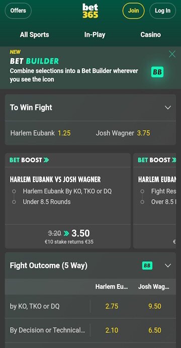 Placing boxing bet at Bet365