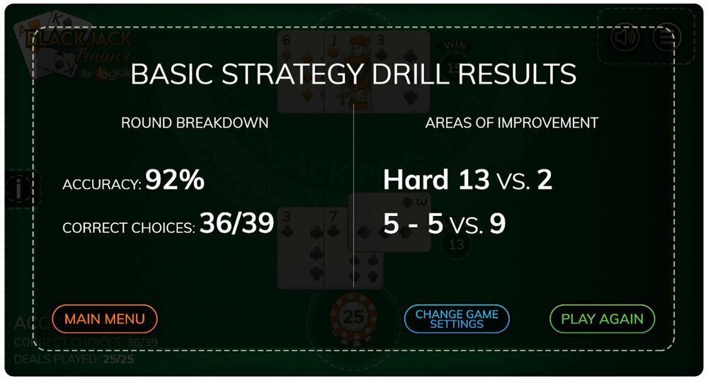 Blackjack trainer basic strategy results