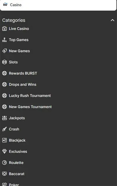 Game categories at Betway