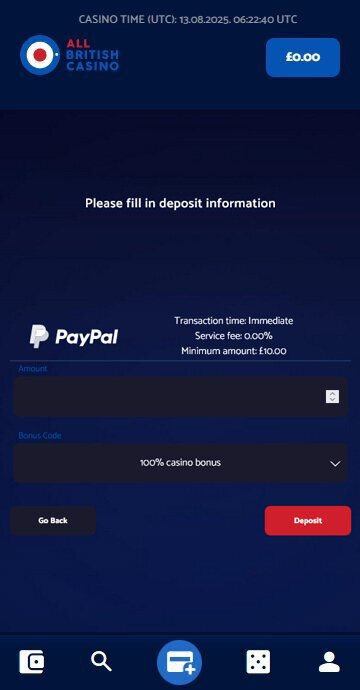 All British Casino deposit