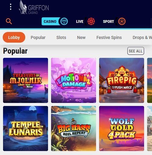 Griffon Casino game lobby