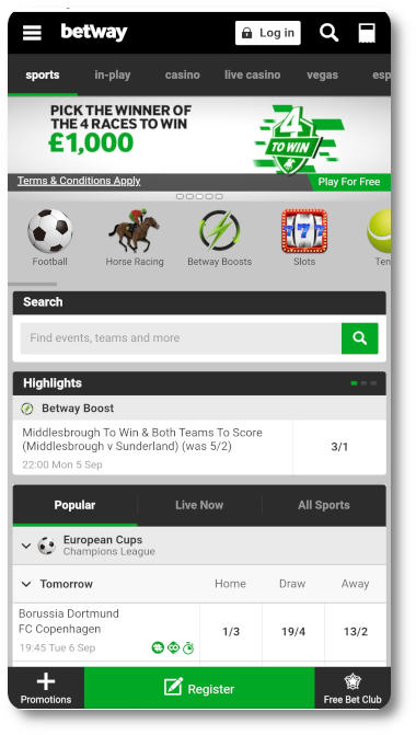 This is what Betway looks like on mobile