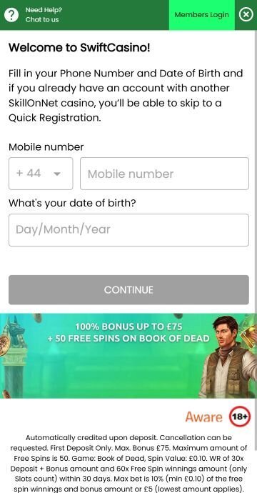 Swift Casino registration window