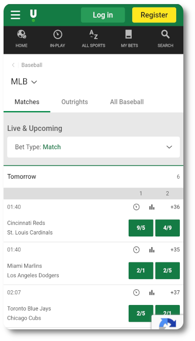 This is what Unibet MLB looks like on mobile
