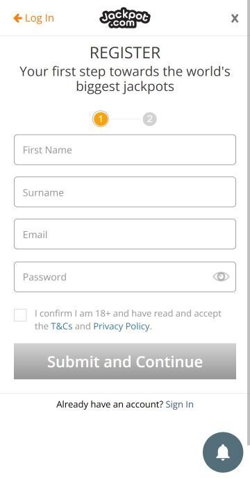 Jackpot.com registration window