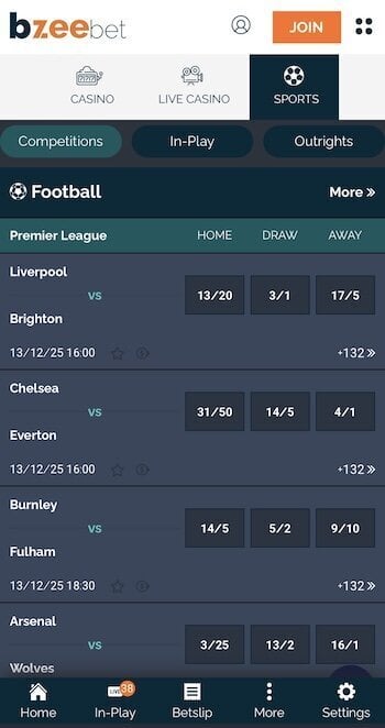 Betting odds at Bzeebet