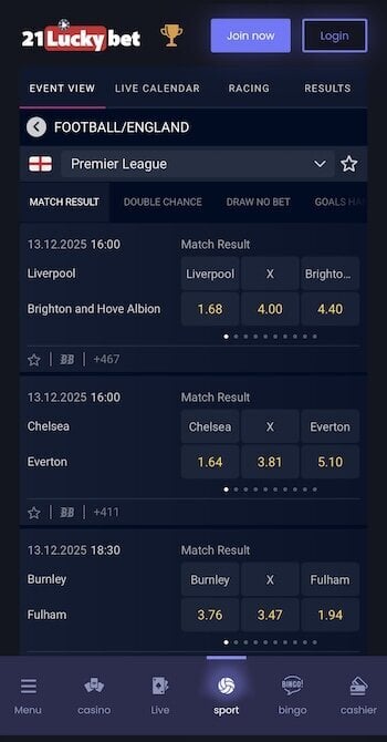 Odds at 21LuckyBet
