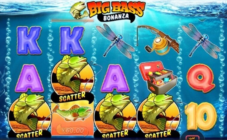 Big Bass Bonanza showing four Scatter symbols on the reels, which trigger 15 free spins