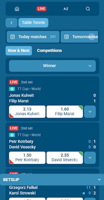 Yetibet table tennis live betting markets screen