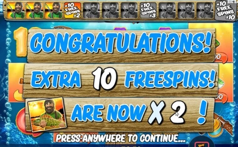 Big Bass Bonanza bonus round announcing 10 extra free spins and a 2x multiplier after collecting four Fisherman Wilds