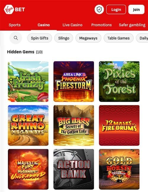 Virgin Bet games menu