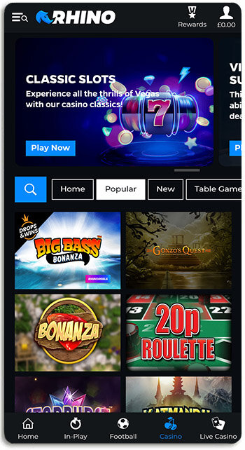 What Rhino.bet mobile casino looks like