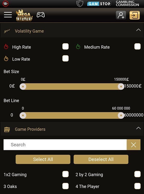 Game filters at Mega Riches