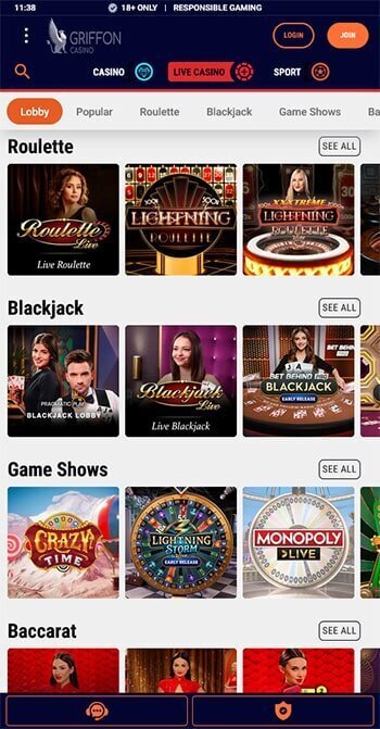 Live casino lobby at Griffon Casino