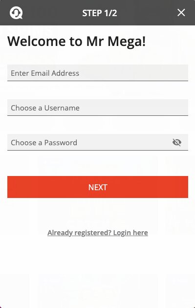 Mr Mega Casino registration window