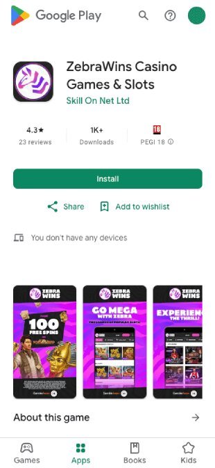 Zebra Wins app in Play Store December 2025
