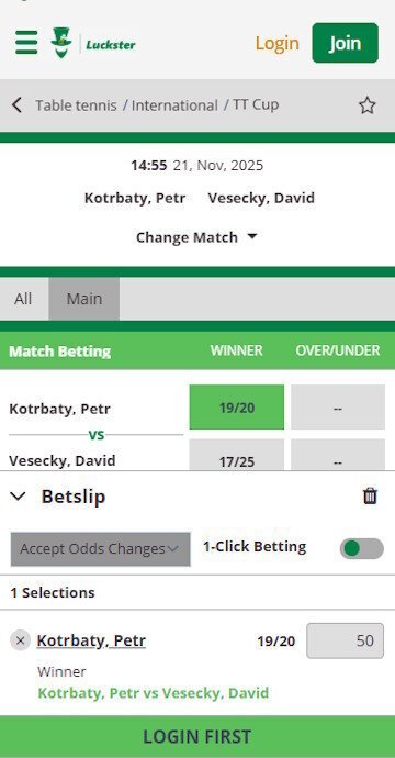 Luckster bet slip for a table tennis wager