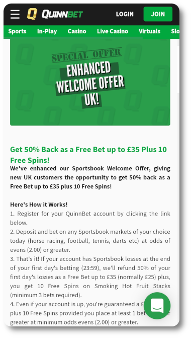 This is what Quinnbet welcome bonus looks like on mobile