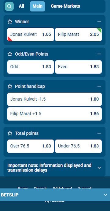 Yetibet table tennis live match odds page