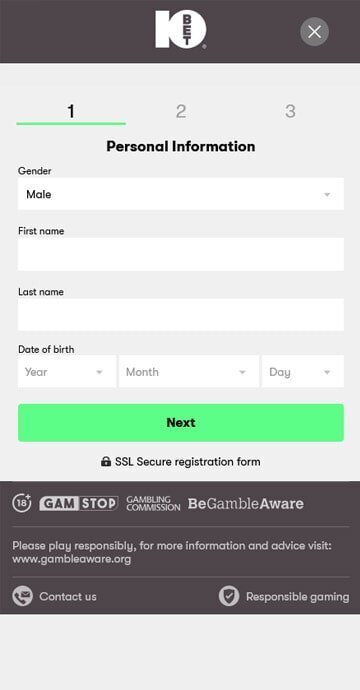 Sign up on 10Bet Casino