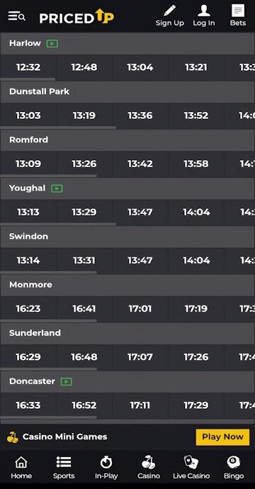PricedUp greyhound market selection screen