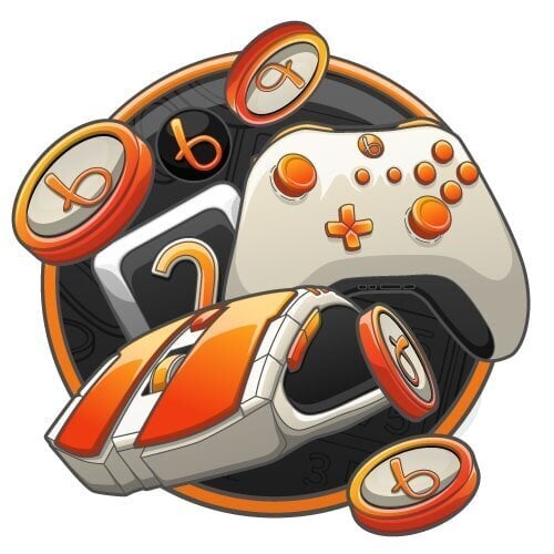 Esports-themed logo featuring a gaming controller, a gaming mouse, and circular symbols.