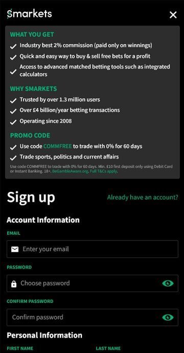 Create an account on Smarkets