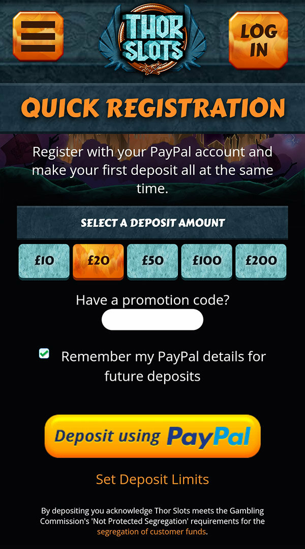 PayPal Quick Registration pay'n play casino