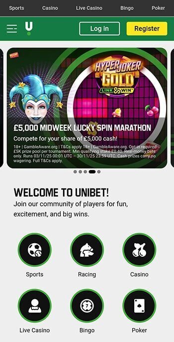 Unibet mobile lobby
