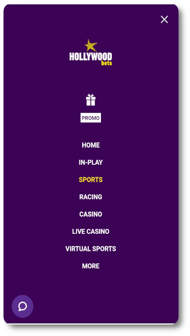 This is what Hollywoodbets mobile menu looks like