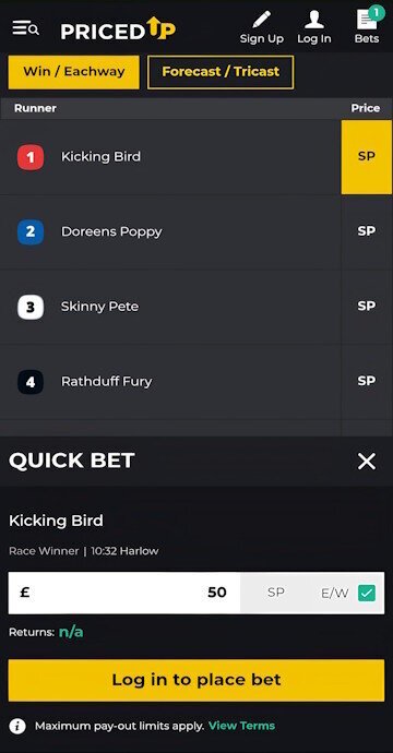 PricedUp greyhound wagering slip with stake input