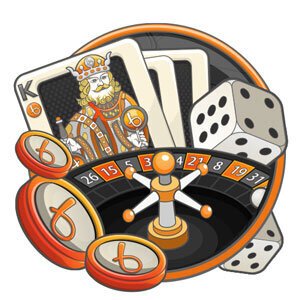 An illustration of a roulette wheel with playing cards, chips, and dice
