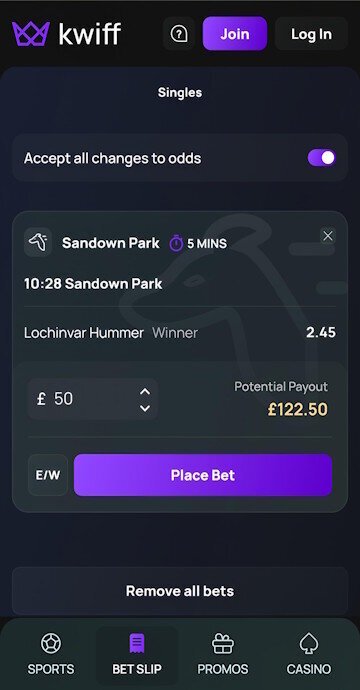 Kwiff greyhound bet slip with a selected runner