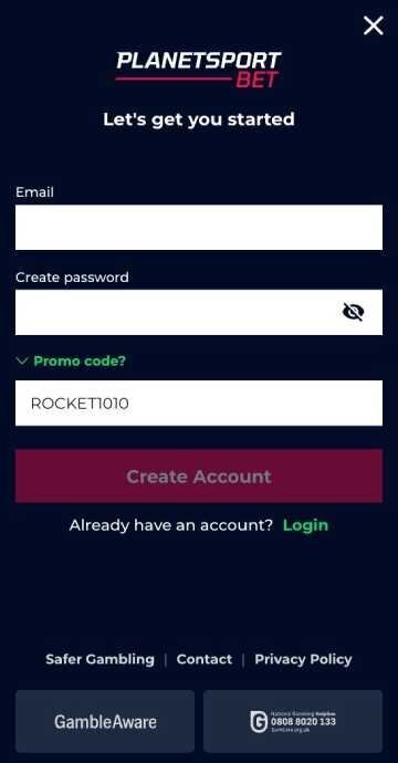 Planet Sport Bet registration step 1