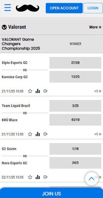 MrPlay sportsbook screenshot showing the Valorant match list.