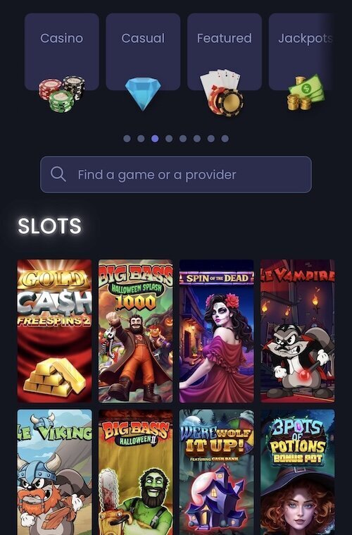 Casino game lobby at Moolzy