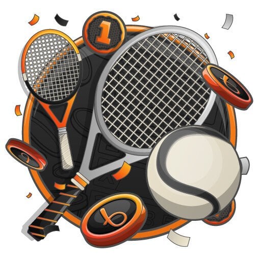 Tennis-themed image featuring tennis rackets, a tennis ball, and circular elements with the number one.