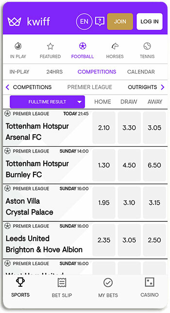 This is what Kwiff sports betting looks like on mobile