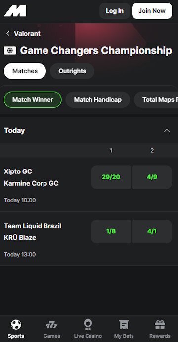 Midnite match screen displaying available Valorant odds